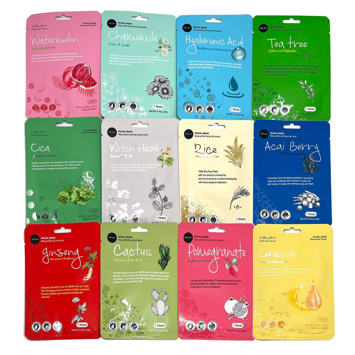 Celavi K-Beauty Facial Essence Mask Set - 12 Moisturizing Masks For Radiant Skin