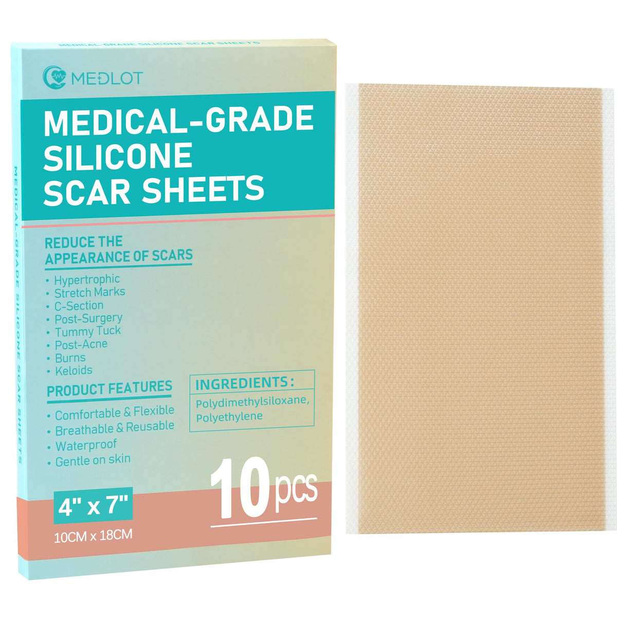 Medlot Silicone Scar Sheets - 10 Large 4&quot;X7&quot; Medical Tape For Scar Treatment & Removal