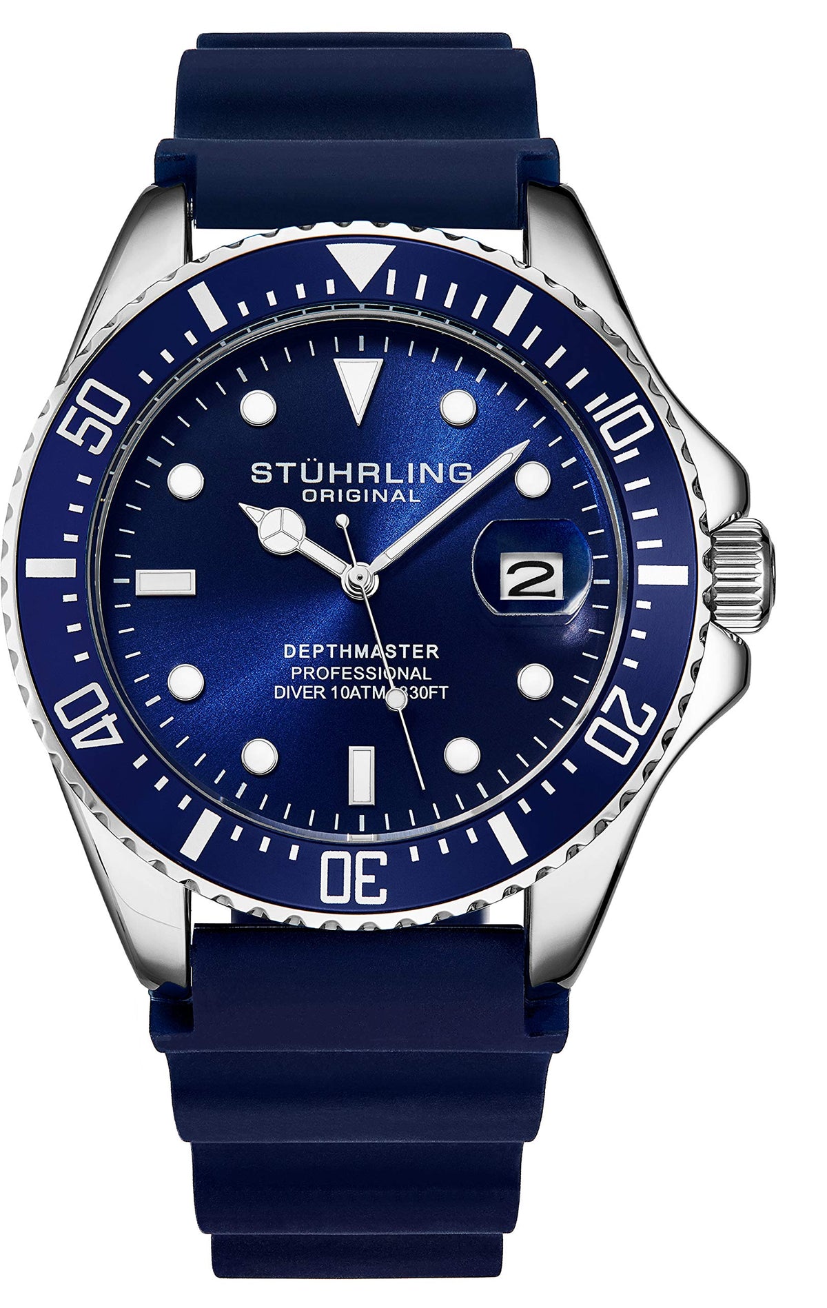 Stuhrling Original Men'S Dive Watch, Silver 42Mm, Rubber Strap, 330 Ft Water Resistant, Black