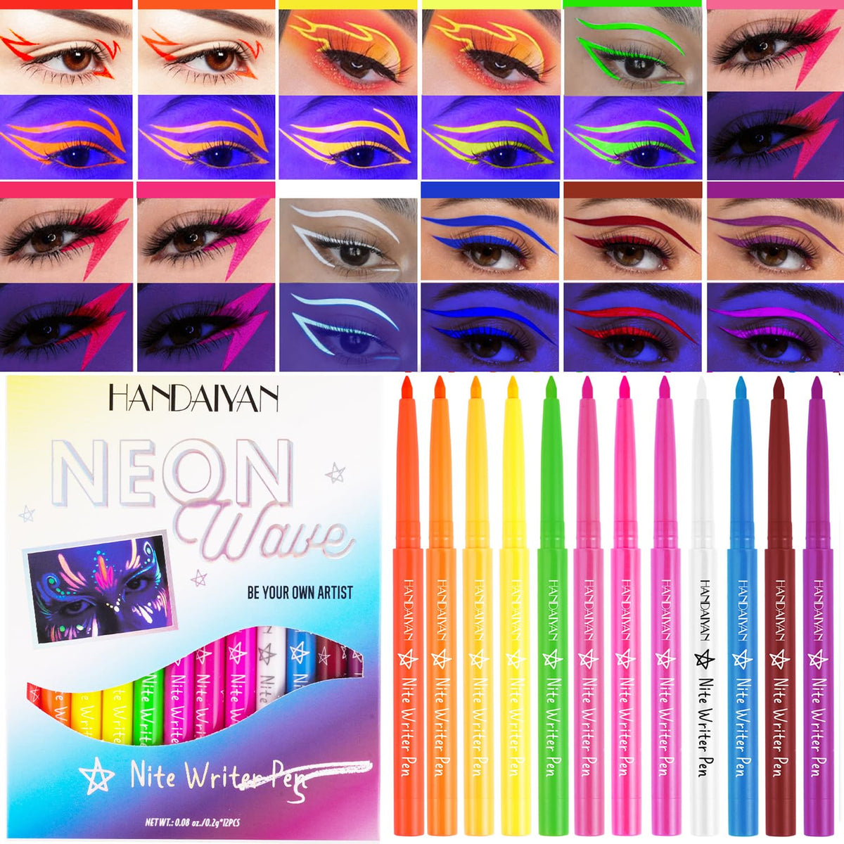 Bestland 12 Colors Neon Blacklight Eyeliner Set - Waterproof Smudgeproof Gel Eye Liner Kit