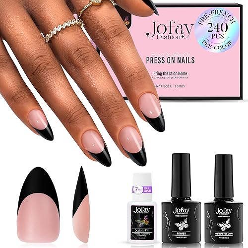 Jofay Fashion French Tip Press On Nails Kit - 240 Pcs Short Almond with Glue & Lamp