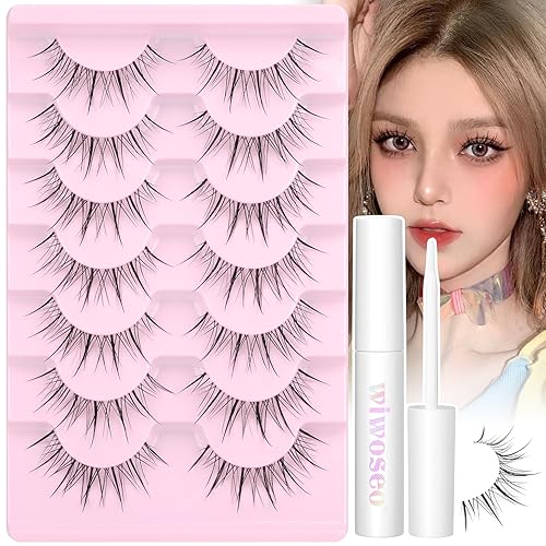 Wiwoseo 7 Pairs Manga Lashes - Natural Look Eyelashes With Glue, 16Mm, Black, Wispy