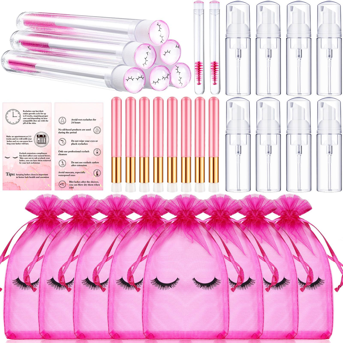 Remerry 8 Pcs Lash Shampoo Brushes Set With Bag, Disposable Mascara Tubes, Aftercare Instructions