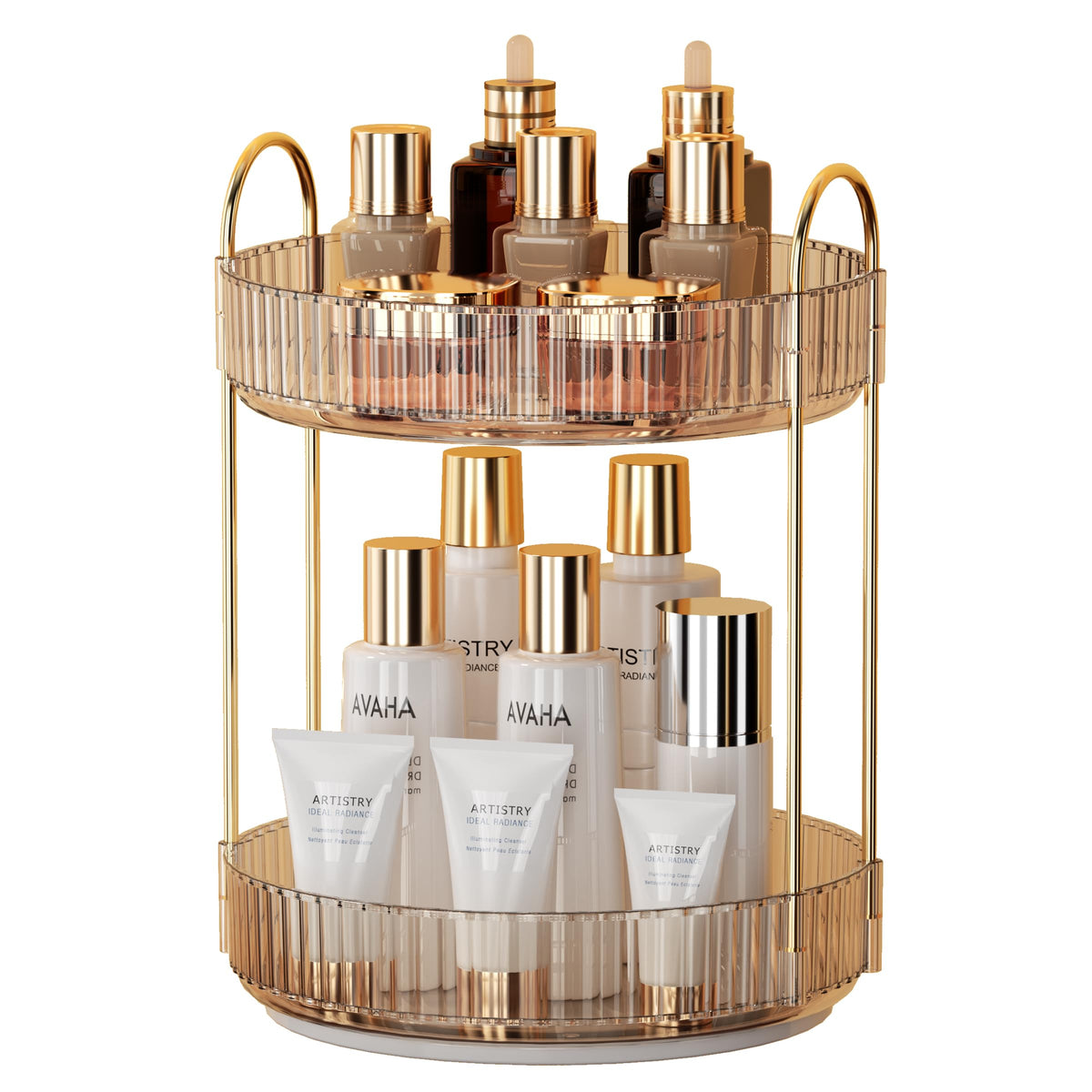 Ycia&Done 360 Rotating Makeup Organizer - 2-Tier Amber Gold Cosmetic Storage For Vanity