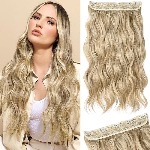 REECHO 20&quot; Clip in Hair Extensions - Dark Ash Blonde Wavy Synthetic Hairpiece for Women