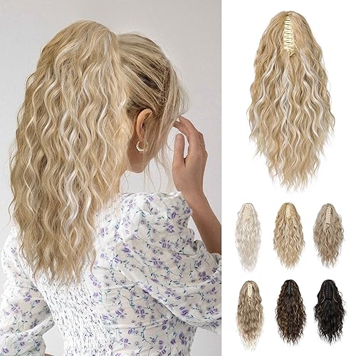 REECHO 14&quot; Claw Clip Ponytail Extension - Ash Blonde Wavy Synthetic Hairpiece for Women