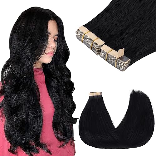 GOO GOO 16&quot; Jet Black Tape in Hair Extensions, 100g, 40pcs, Human Hair, Thick Ends