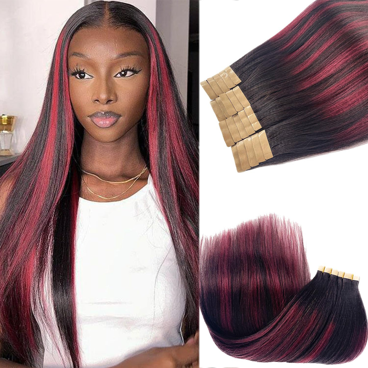 Benafee Yaki Tape In Hair Extensions 18 Inch, Natural Black To 99J, Real Human Hair For Black Women