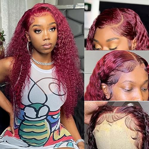 BeautyGrace 20&quot; 99J Burgundy Deep Wave Lace Front Wig - 180% Density Human Hair for Black Women