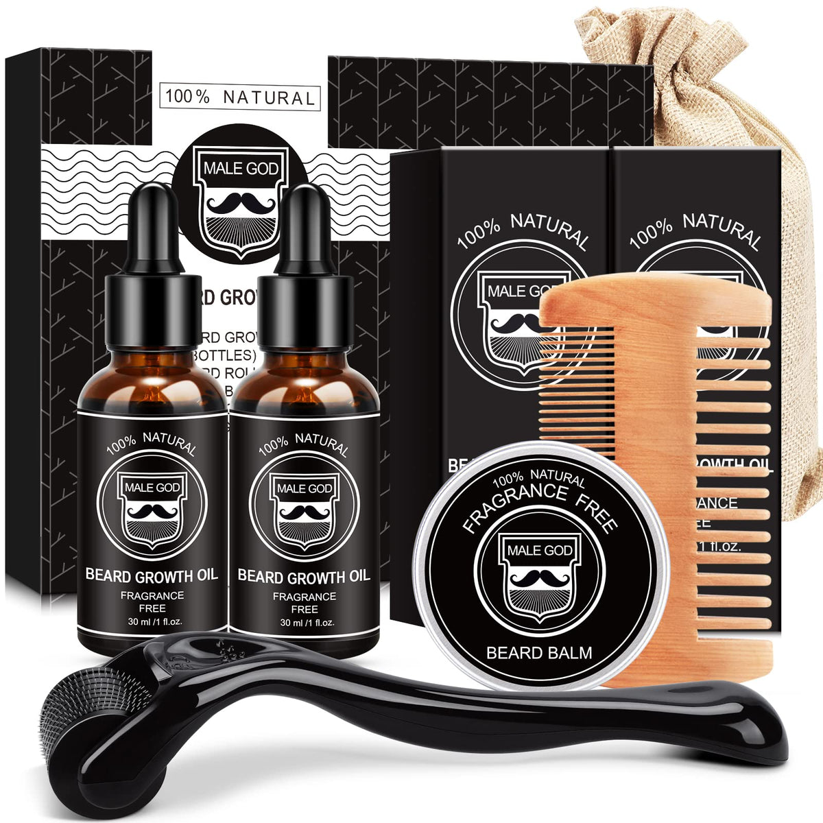 Beard Growth Kit By Male God - Handmade Oil, Balm & Comb For Patchy Beards, Perfect Gift For Men