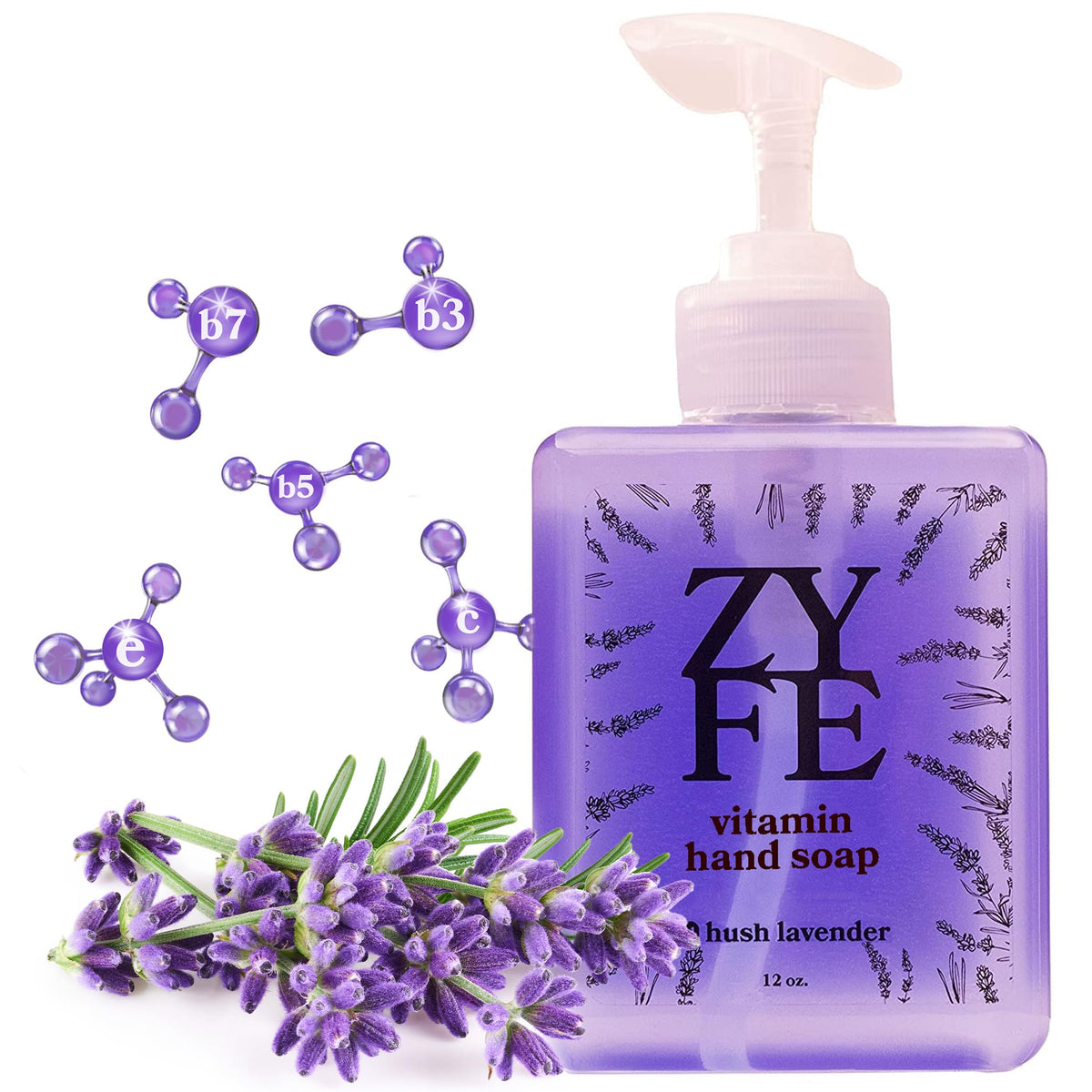 Zyfe Vitamin Hand Soap - Lavender Scented Moisturizing Liquid Soap With Pump, 12Oz