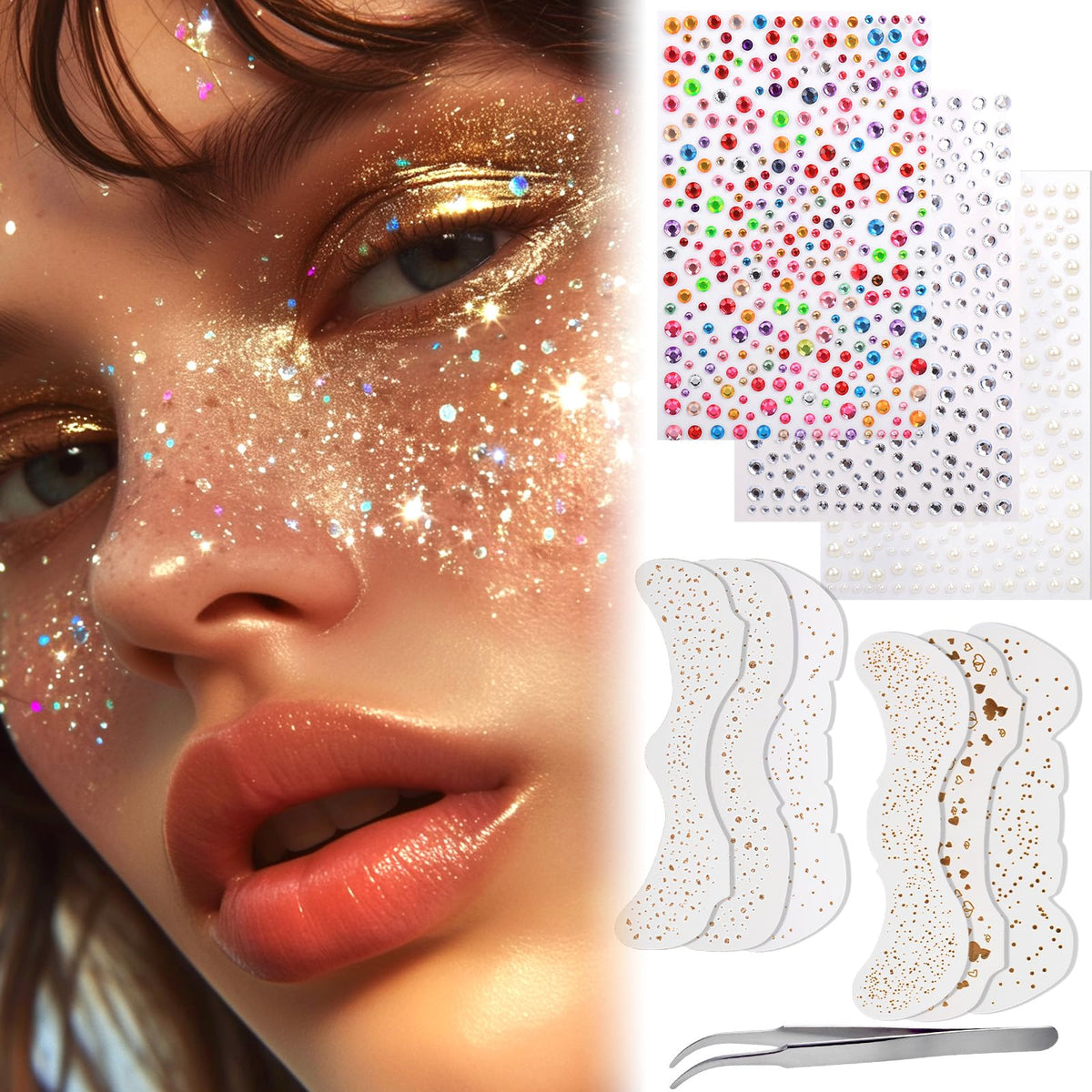 Vodolo Glitter Freckles Face Tattoos - 6Pcs Waterproof Festival Rave Makeup Jewels Stickers