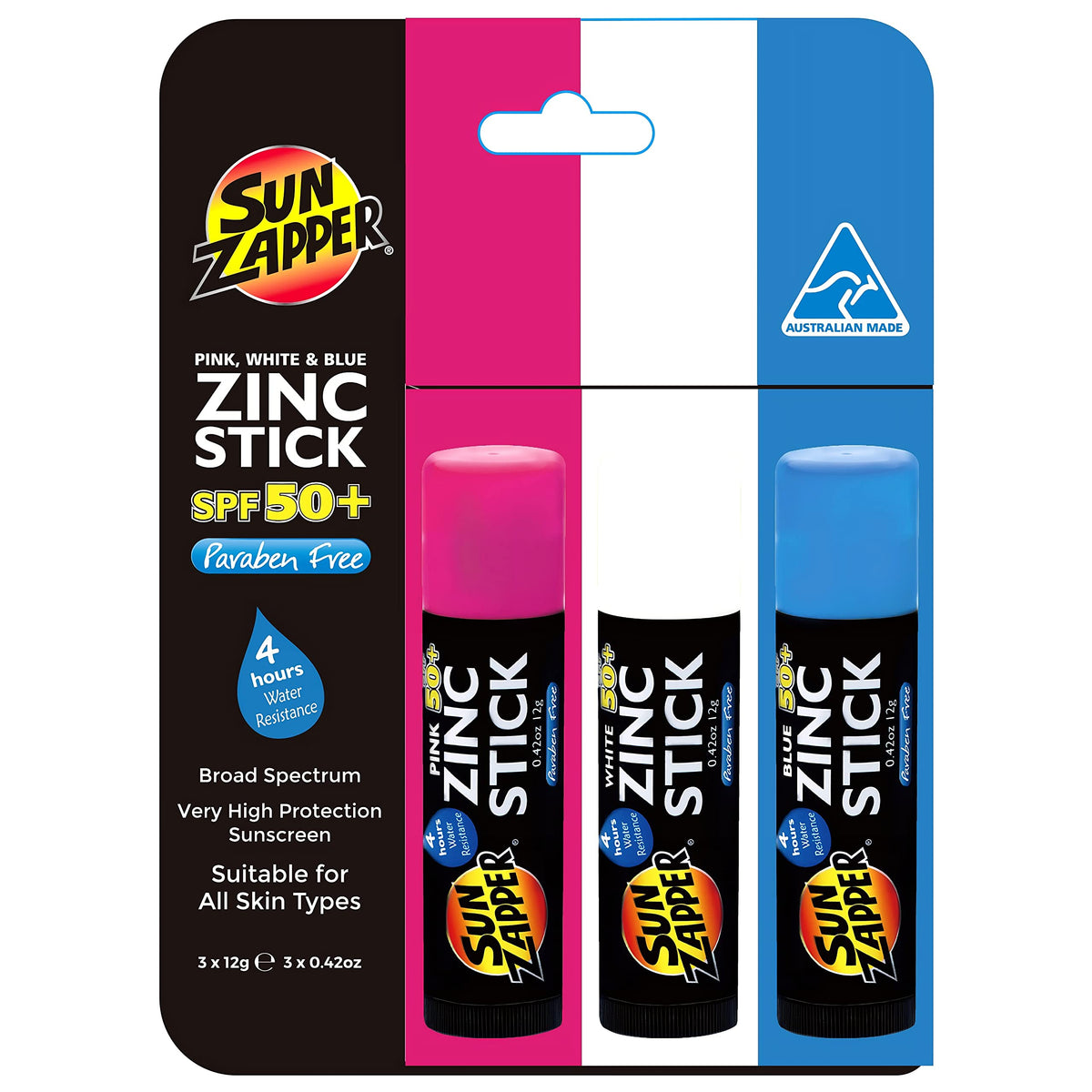 Sun Zapper Spf 50+ Zinc Oxide Sunscreen Stick - Waterproof, 3-Pack For Face & Body, Travel Size