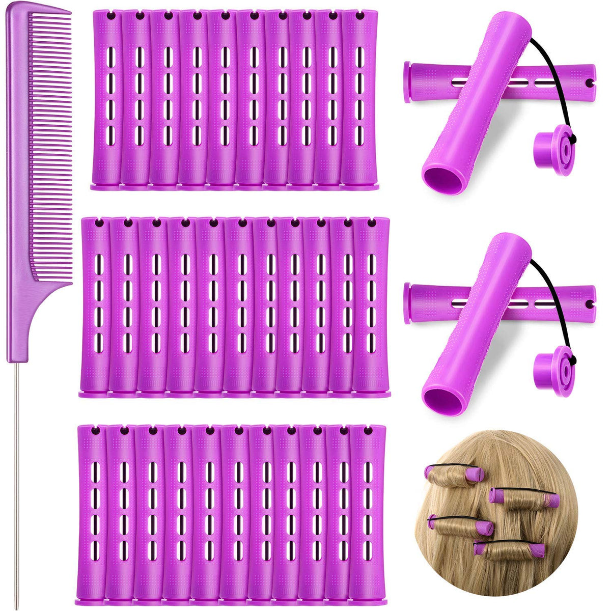 WILLBOND 36 Purple Cold Wave Hair Perm Rods 0.75 Inch Curlers with Steel Rat Tail Comb