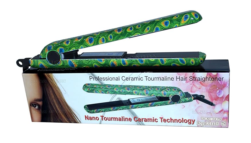 RoyalCraft Ceramic Hair Straightener, Peacock Print, 1.25&quot;, Professional Immediate Heat Up