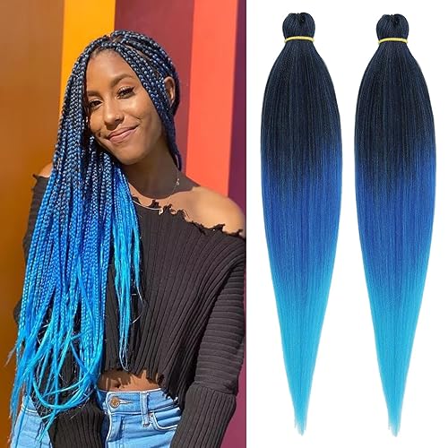 Leeven 26&quot; Pre-Stretched Braiding Hair - 2 Packs Synthetic Crochet Hair (Black/Dark Blue/Light Blue)