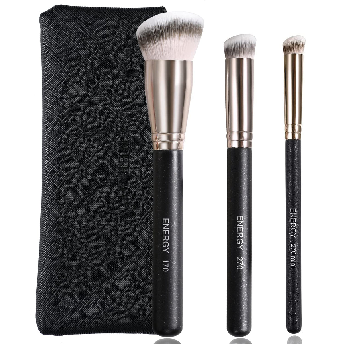 Energy 3 Piece Makeup Brush Set - Kabuki Foundation, Concealer & Contour Brushes With Travel Case