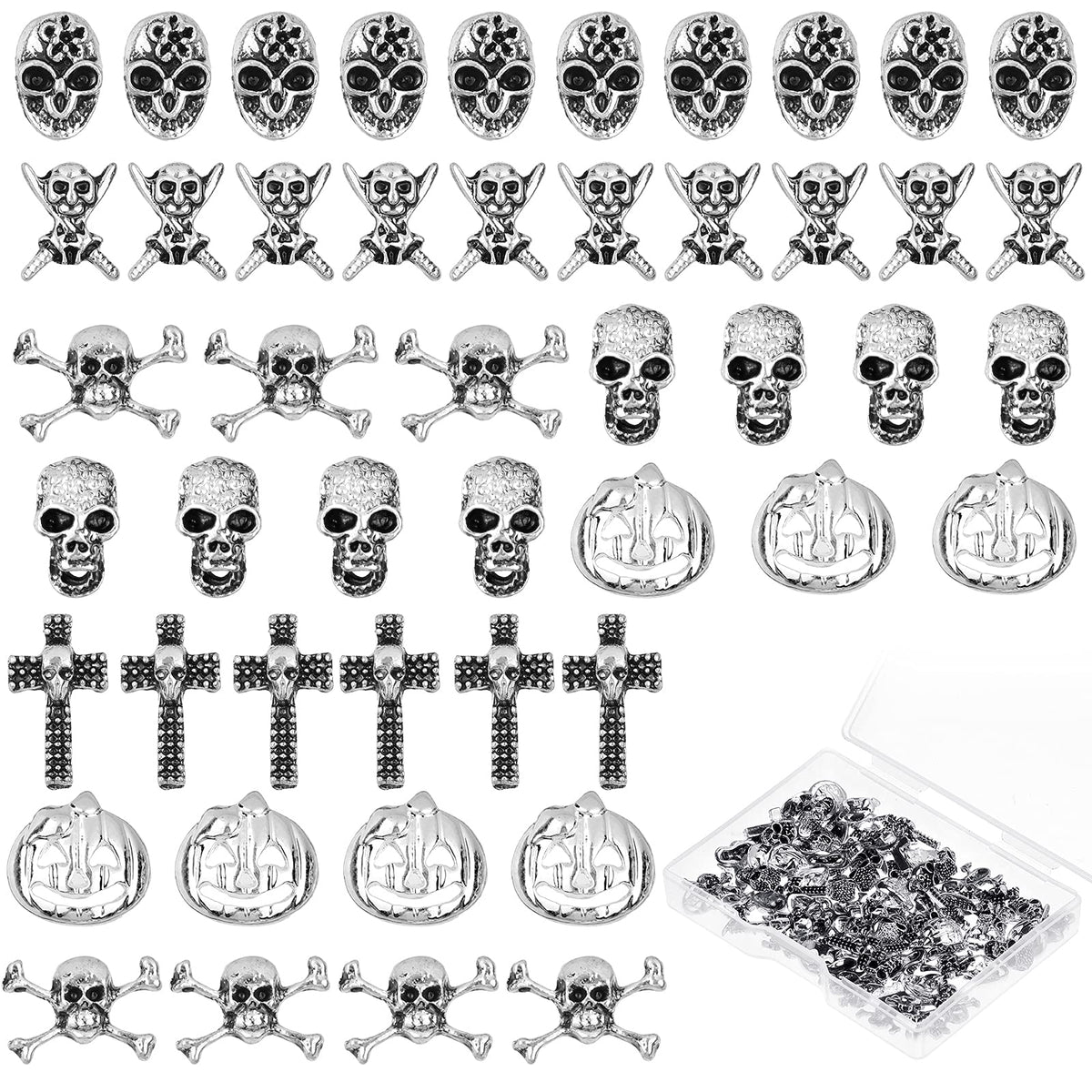 Queekay 90 Pcs Halloween Nail Charms - Skull, Pumpkin, Skeleton Metal Decorations For Diy Nail Art