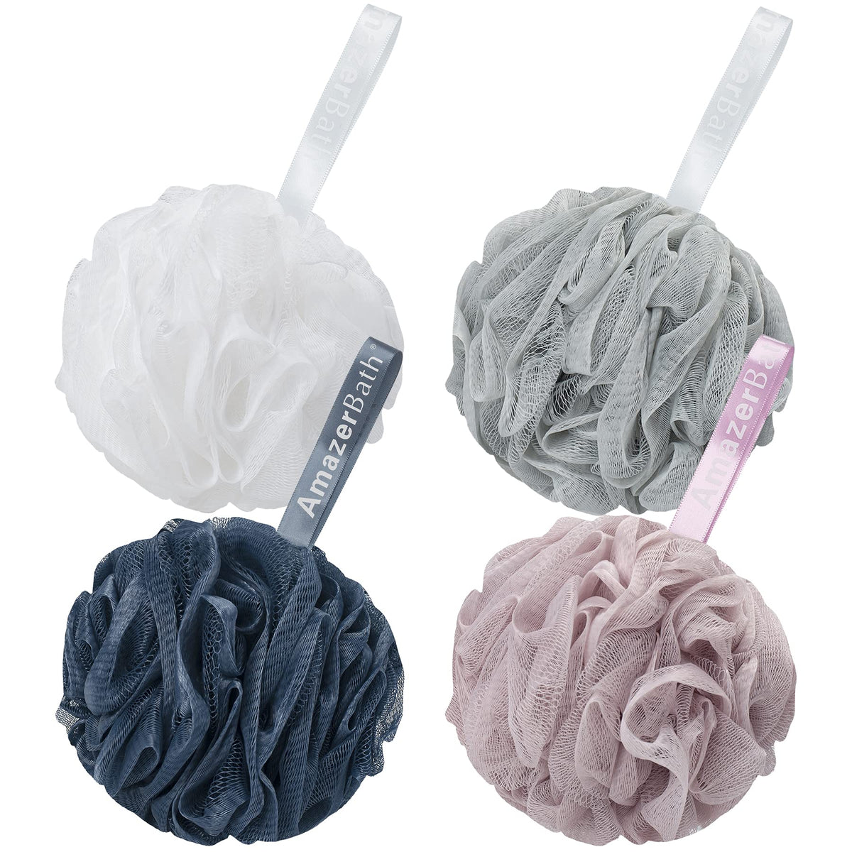 Amazerbath Exfoliating Loofah Sponge Set Of 4 - Body Scrubber In Grey Blue Pink White