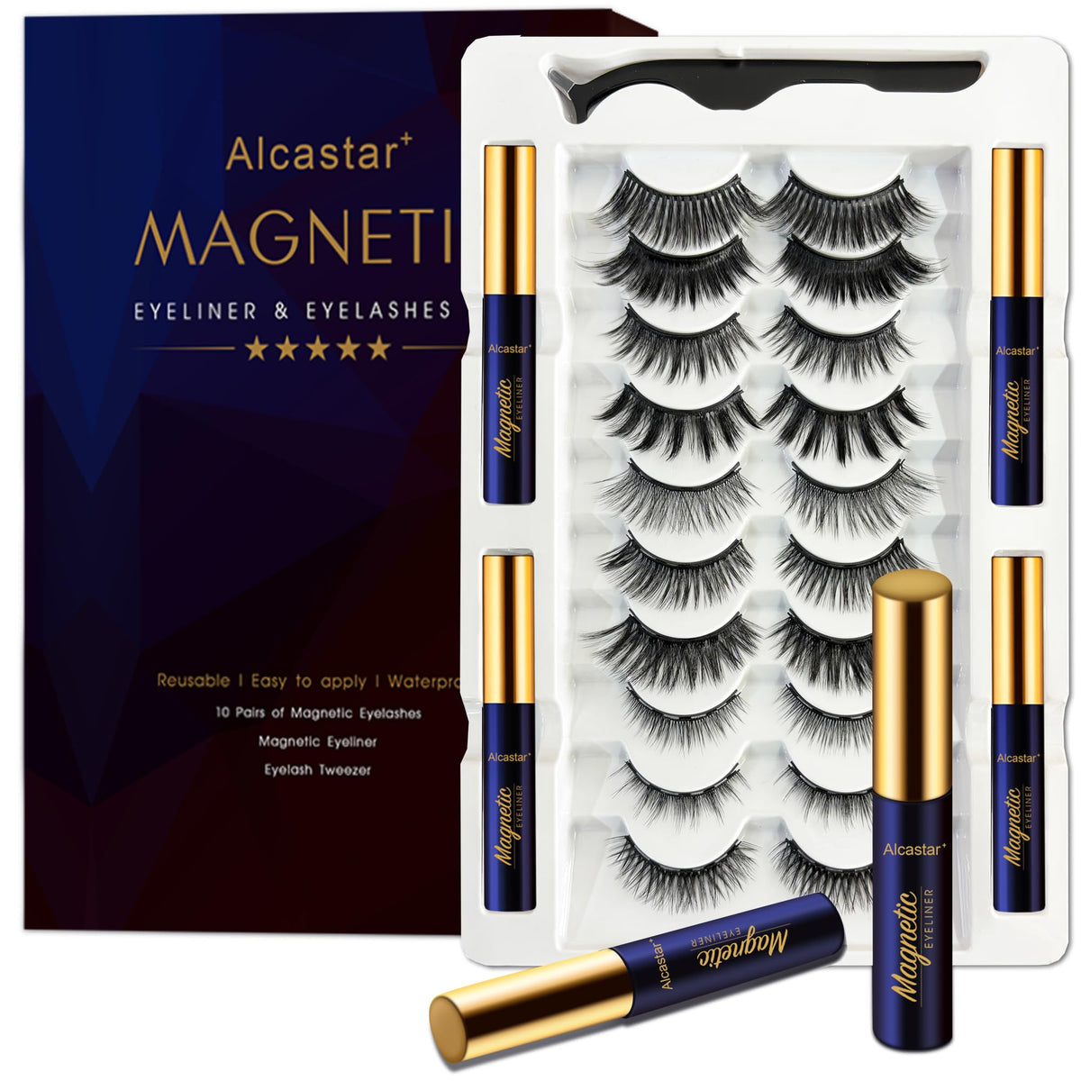 Alcastar+ Magnetic Eyelashes & Eyeliner Kit - 10 Pairs, Waterproof, Reusable, Easy To Use