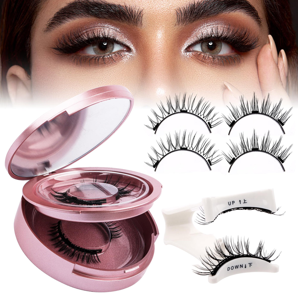 Gemerry 2 Pairs Reusable Magnetic Eyelashes With Applicator & Mirror, Fluffy Look, No Glue Needed