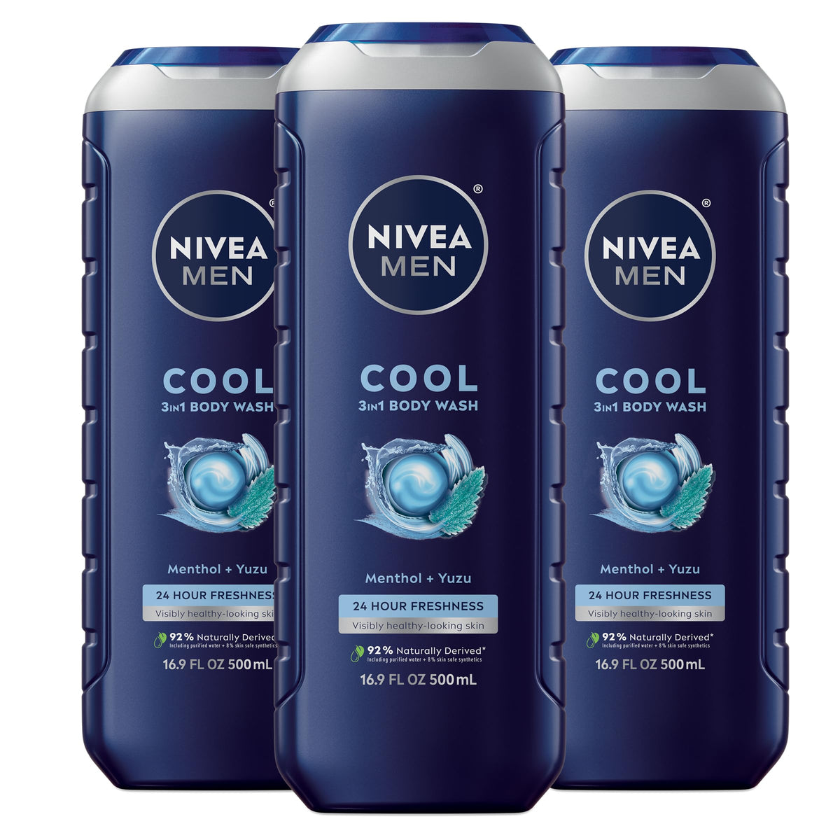 Nivea Men Cool Body Wash, Icy Menthol, Paraben-Free, 3 Pack Of 16.9 Fl Oz Bott