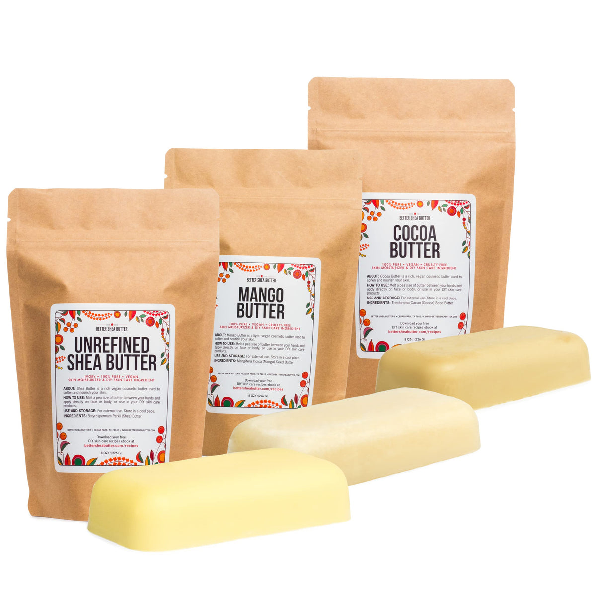 Better Shea Butter Raw Shea, Mango & Cocoa Butter Set - 3 X 8 Oz For Diy Body Care