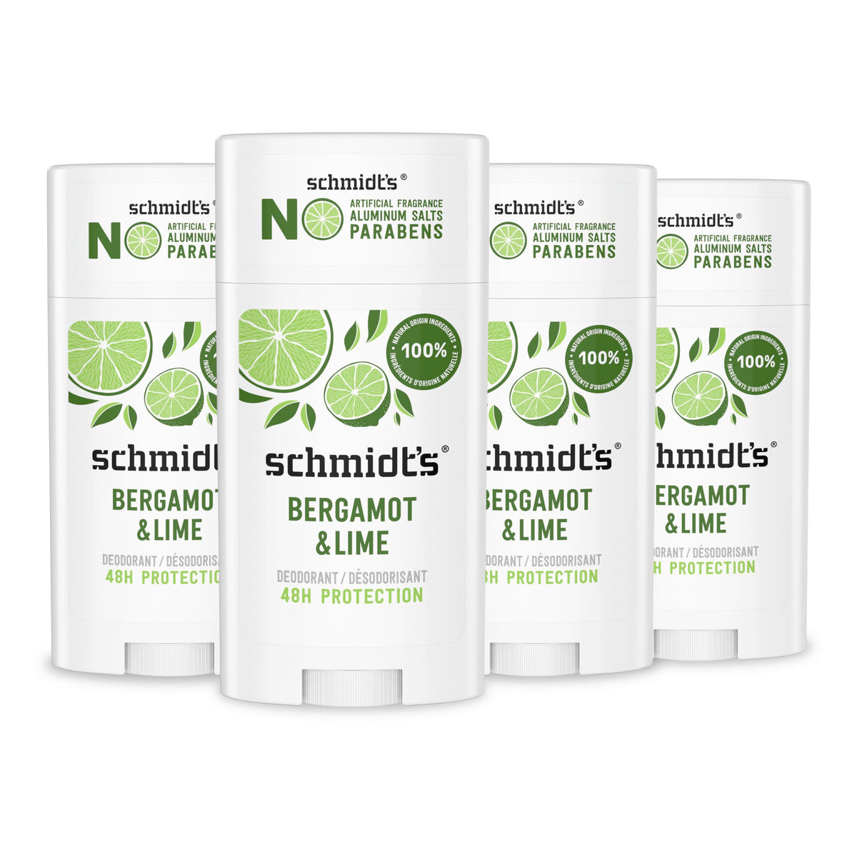 Schmidt'S Vegan Deodorant, Aluminum-Free, Bergamot & Lime, 4 Count, 24 Hour Odor Protection, 