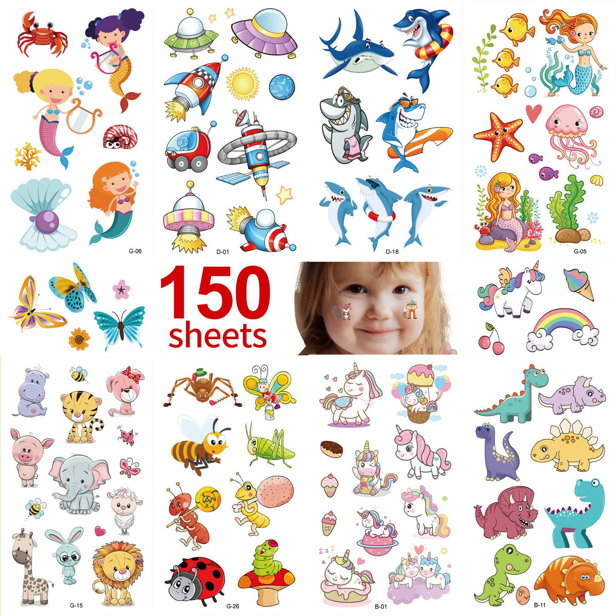 Metker Temporary Tattoos For Kids - 150 Sheets, 1700+ Styles, Non-Toxic Fun For Parties