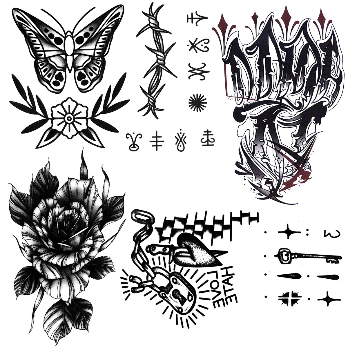 Oottati Waterproof Temporary Tattoo Stickers - 4 Sheets Flower Butterfly Love Hate Chain