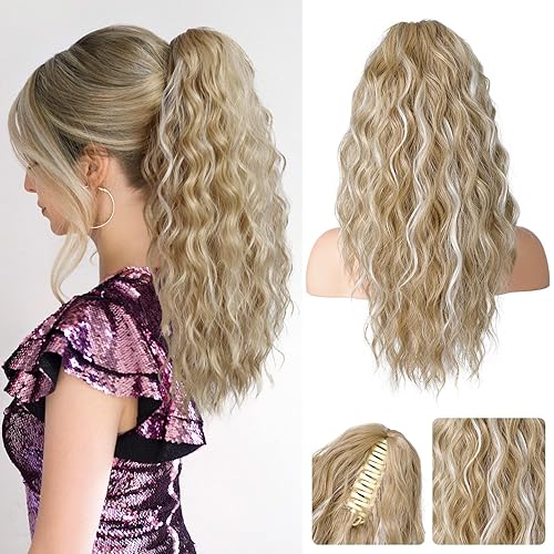 REECHO 18&quot; Ash Blonde Ponytail Extension - Multi Layered Clip-in Curly Wavy Hairpiece