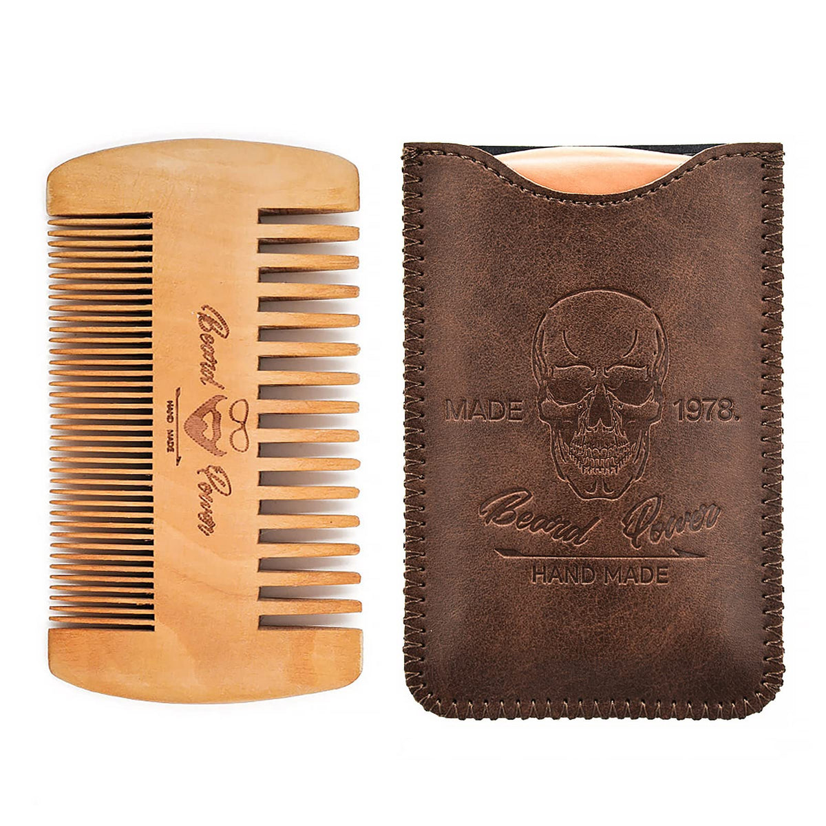 Menesia Wooden Beard Comb with Case - Brown Skull, Fine & Coarse Teeth, Pocket Size