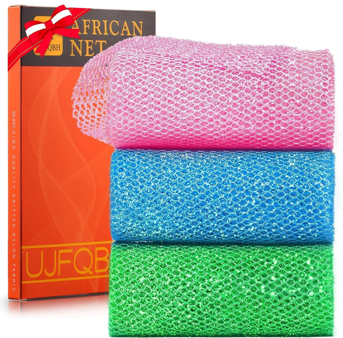 Ujfqbh 3 Piece African Exfoliating Net Shower Set - Bright Pink, Blue, Green, Smooth Skin Sponges