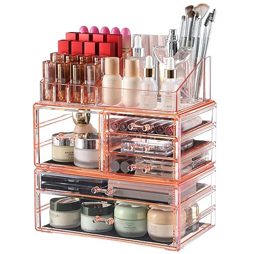 Cq Acrylic Pink 6-Drawer Bathroom Organizer - Stackable Makeup & Vanity Storage For Cosmetics