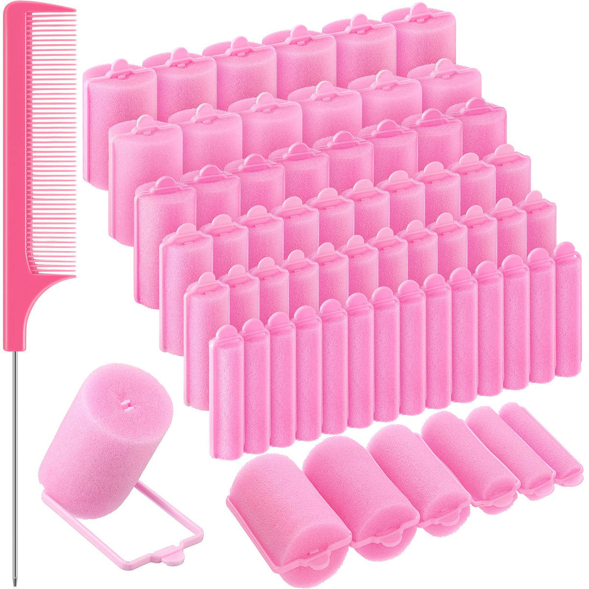 Syhood 56-Piece Foam Sponge Hair Rollers Set, Pink Hair Curler with Rat Tail Comb for Styling