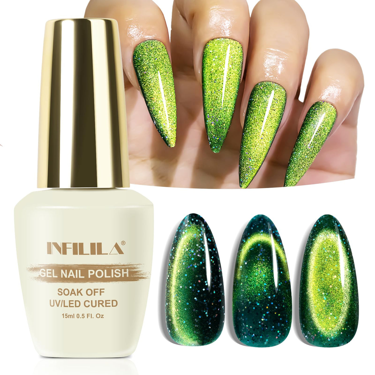 Nxj Infilila Olive Green Cat Eye Gel Nail Polish 15Ml - Hema Free Magnetic Glitter Gel