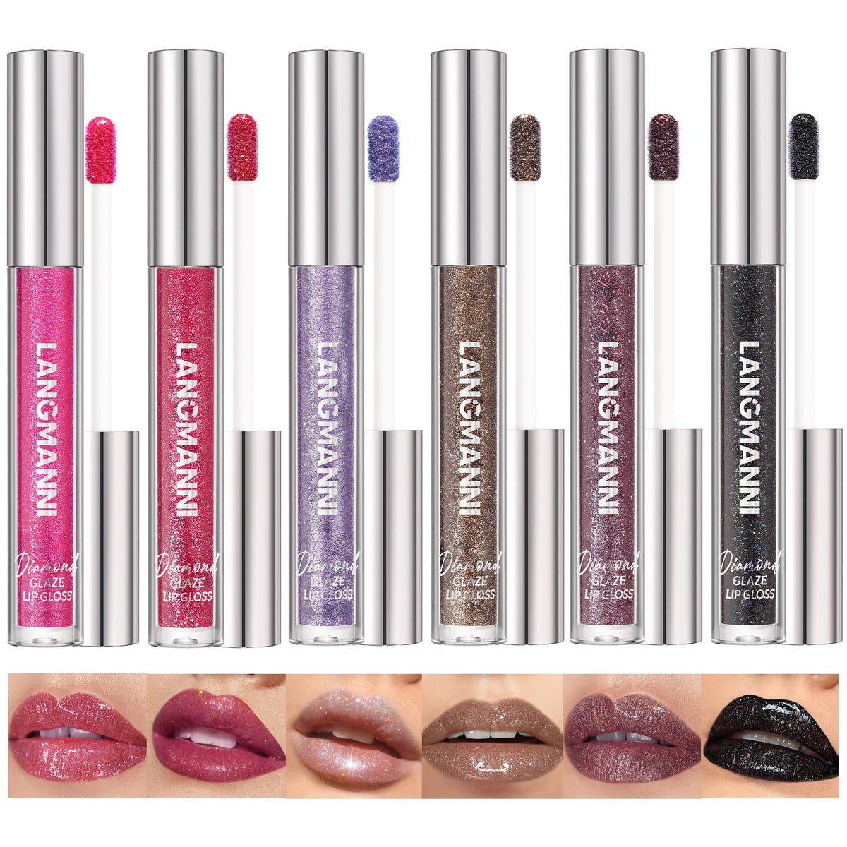 Langmanni Diamond Glitter Lip Gloss Set, 6 Colors High Shine Moisturizing Liquid Lipstick