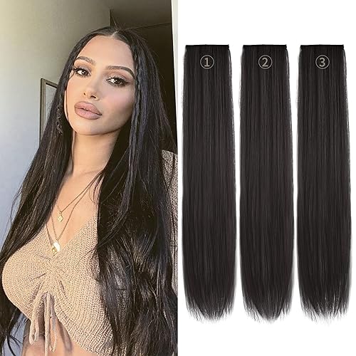 REECHO 24&quot; Thick Long Straight Clip-In Hair Extensions Set - Black Brown (3PCS)