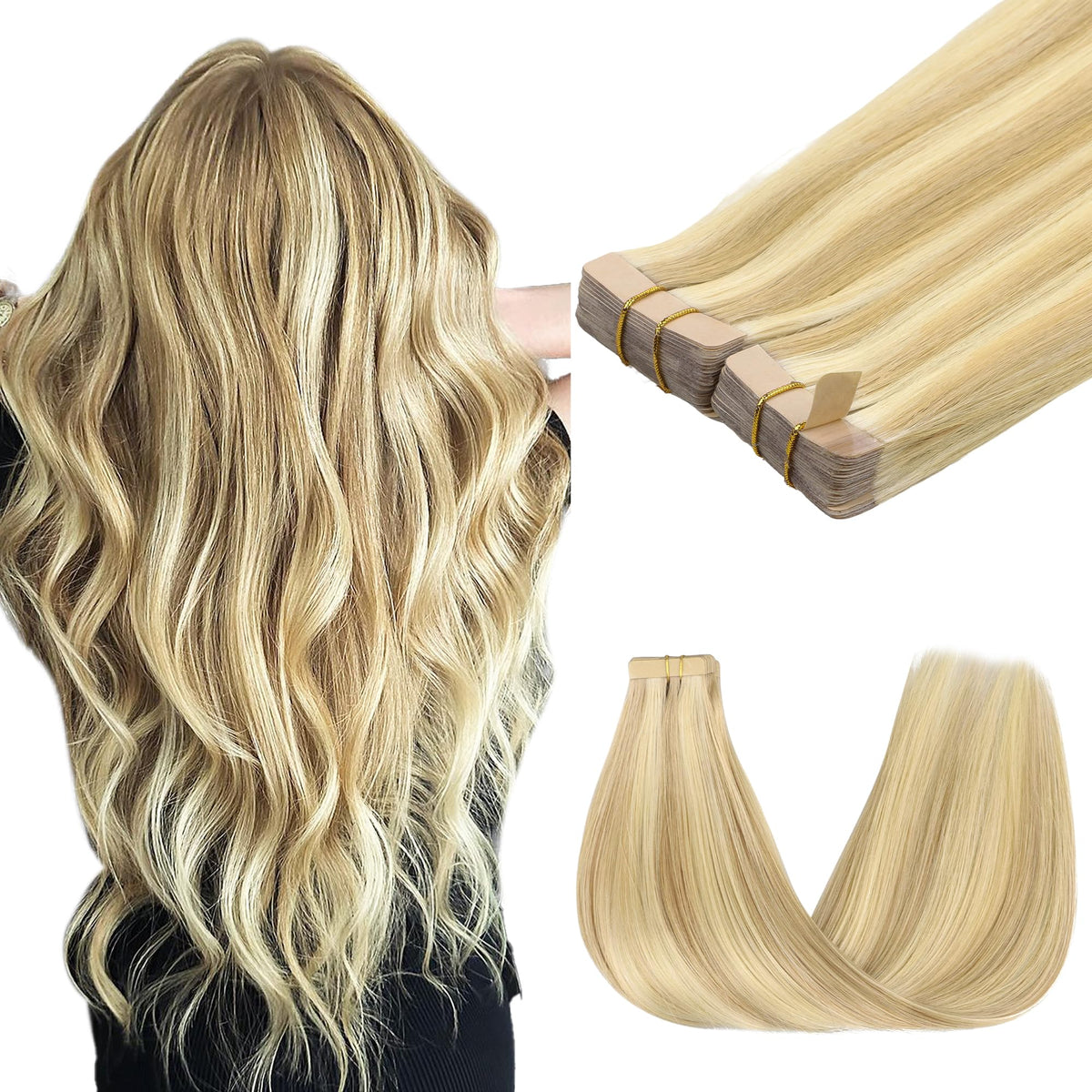 GOO GOO 14&quot; Tape in Hair Extensions, Human Hair, 100g, 40pcs, Dirty Blonde Highlights