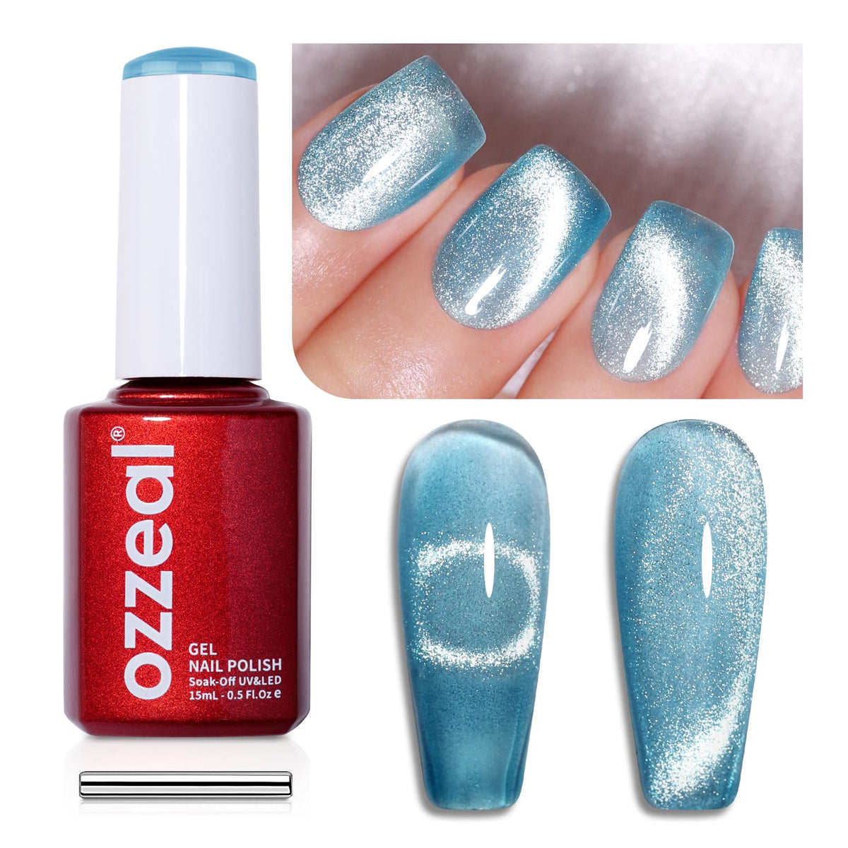 Ozzeal Crystal Blue Cat Eye Gel Nail Polish, 0.5 Fl Oz Holographic Glitter For Nail Art