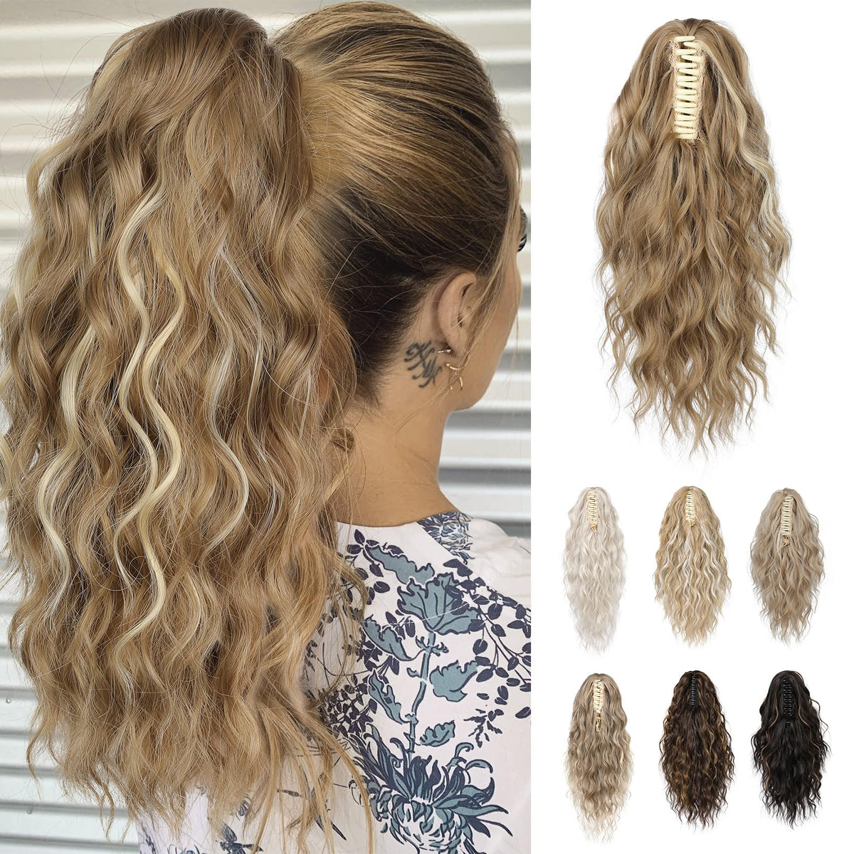 REECHO 14&quot; Claw Clip Ponytail Extension - Medium Blonde with Highlights, Soft Wavy Synthetic Hair