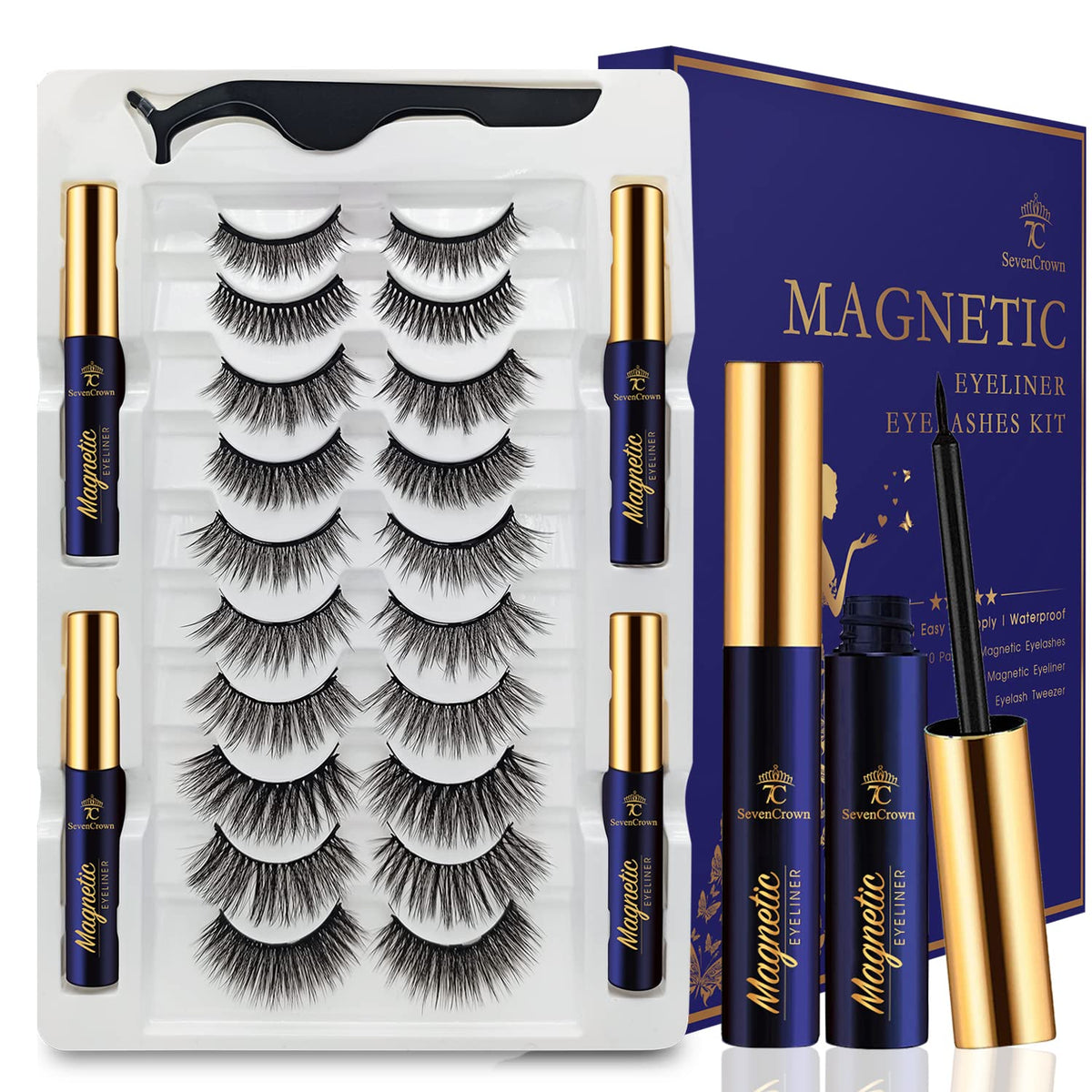 7C Sevencrown 4 Tubes Magnetic Eyeliner & Lashes Kit - 10 Pairs 3D Natural Look