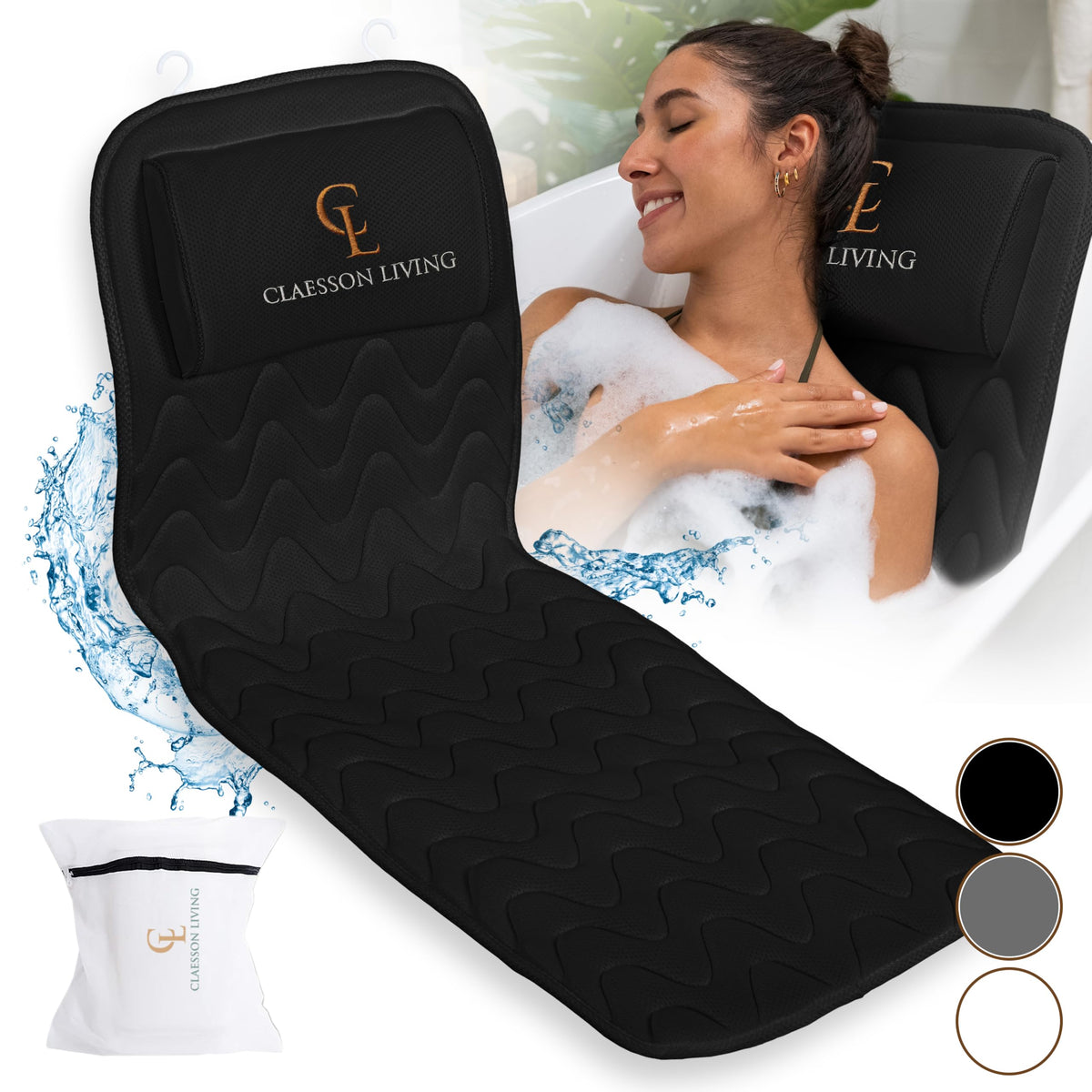 Claessonliving Full-Body Bath Pillow - Black Bathtub Cushion With Headrest & Hooks For Fast Drying