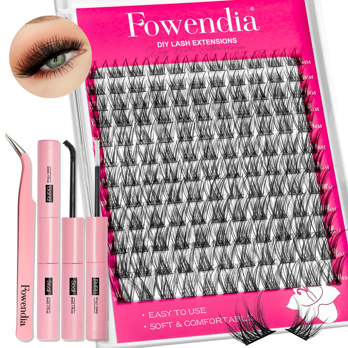 Fowendia Fluffy Lash Clusters Kit - D Curl 10-18Mm Faux Mink Eyelash Extensions & Adhesive