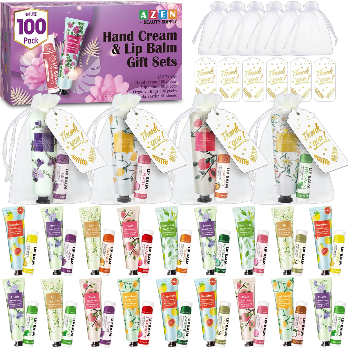 Azen 100 Sets Hand Cream & Lip Balm Bulk Gift Set, Bridal Shower Favors With Organza Bags