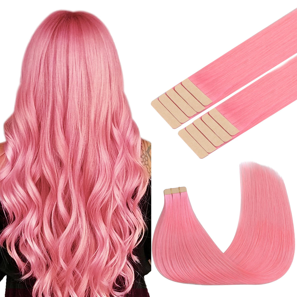 GOO GOO 22&quot; Peach Pink Tape in Hair Extensions, 10pcs Human Hair, Silky & Soft, Party Highlights