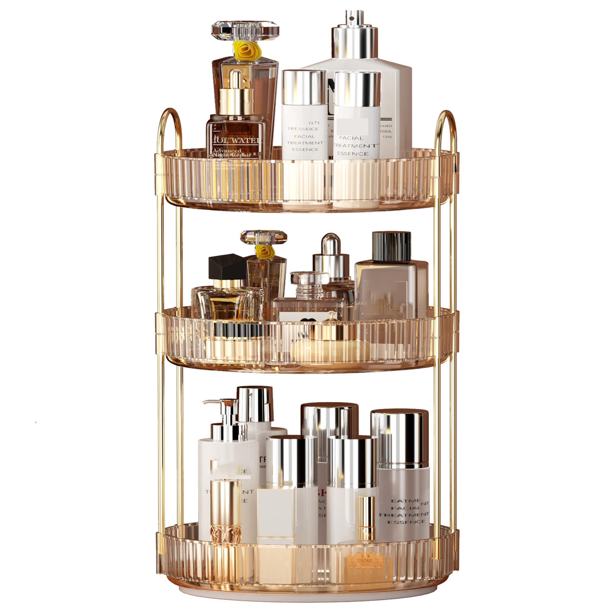 Ycia&Done 360 Rotating Makeup Organizer - 3-Tier Amber Gold Cosmetic Storage For Vanity & Dresser