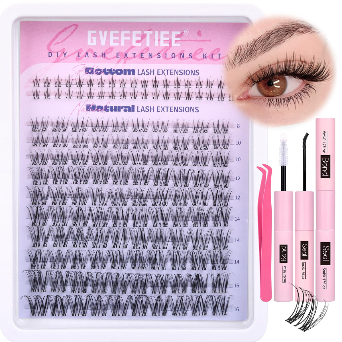 Gvefetiee Natural Lash Clusters Kit 5-16Mm With Waterproof Bond, Wispy Bottom Lashes & Tweez