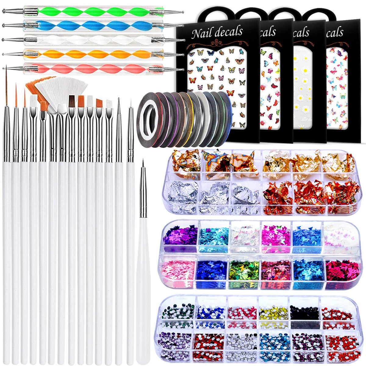 Joyjuly Nail Art Brushes Kit With Dotting Tools, Glitters, Rhinestones & Striping Tapes