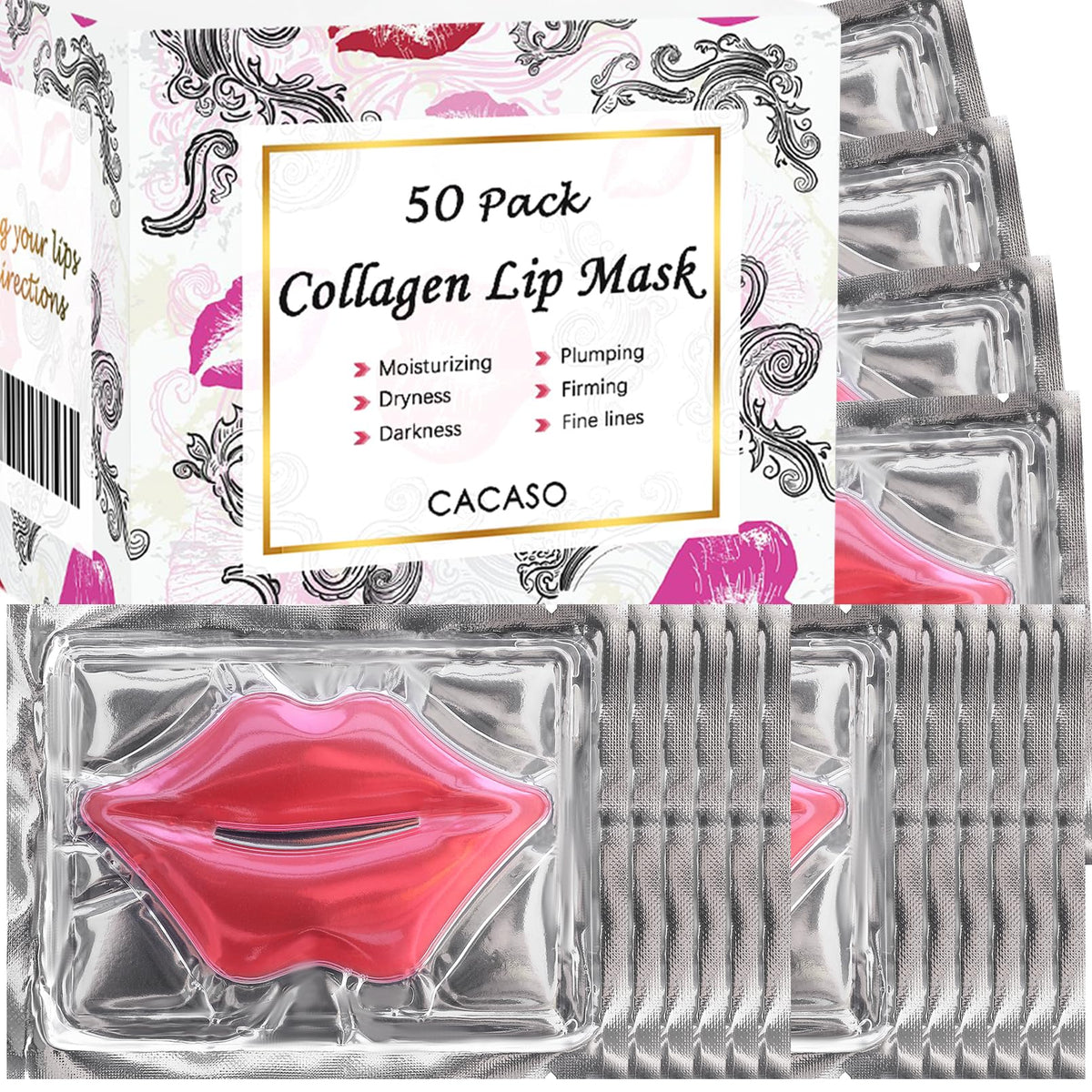 Cacaso 50 Pcs Pink Collagen Lip Masks - Moisturizing, Anti-Chapped, Hydrating Lip Care Pads